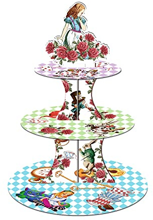 3-Etagen-Tortenständer mit Alice im Wunderland-Motiven - Cupcake & Dessert-Turm aus Pappe für Teeparty, Geburtstag & Hochzeit