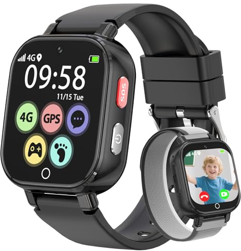 Smartwatch Bambini-Orologio Bambino con con GPS 4G Telefono SOS gioco | Videochiamata Chat Vocale Contapassi Sveglia-Smart watch per Ragazzo e Ragazzi 4-12 Anni Regalo Nero