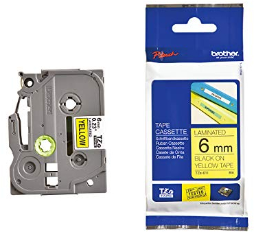 Brother Original P-touch Schriftband TZe-611 6 mm, schwarz auf gelb (kompatibel u.a. mit Brother P-touch PT-H100LB/R, -H105, -E100/VP, -D200/BW/VP, -D210/VP)