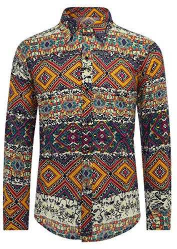 Allthemen Mens Dress Shirts Long Sleeve Funky Printed Linen Shirt Casual Shirt Fancy Floral Tops Unique Pattern, Geometric, XL