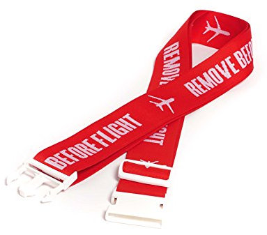 REMOVE BEFORE FLIGHT • Gewebtes Design Kofferband, Koffergurt • Rot • Weiße Schrift • ca. 108 bis 195 cm Länge (Bandbreite: 5 cm) • DE Händler