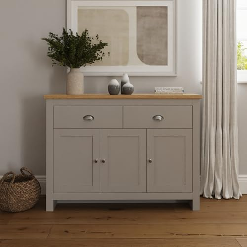 GFW Lancaster Grey and Oak Large Sideboard, 3 Door 2 Drawer Storage Cabinet, Country Style Living Room and Dining Room Furniture