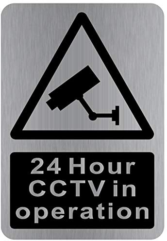METAL 24 Hour CCTV In Operation Sign Brushed Silver Aluminium WITH IMAGE Warning Camera Recording Door Notice Office Shop Warehouse School Cafe Restaurant Pub Business Hotel Premises 150x100mm MS32