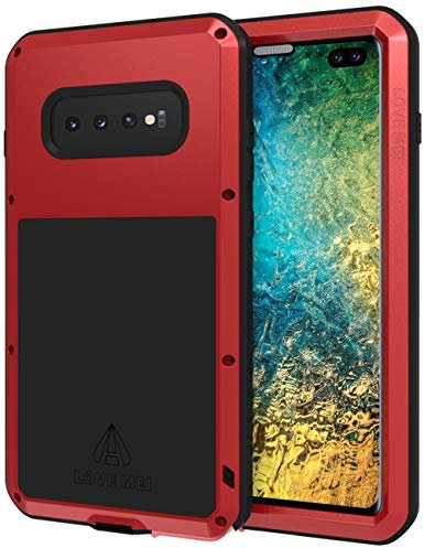 LOVE MEI Samsung Galaxy S10 Plus, mit eingebautem Displayschutz, Ganzkörper-Schutz, robuste Metallpanzerung, schlagfest, Abdeckung für harte Outdoor-Aktivitäten, Rundumschutz, S10+ (rot)