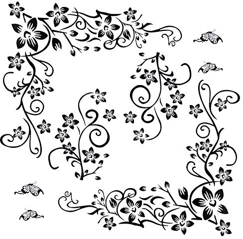 2set Wandtattoo Blumenranke Schwarz Rebe Wandsticker Blumen Schmetterlinge Pflanzen Aufkleber-Wand-Deko für TV Hintergrund Deko Wohnzimmer Wand Fenster Abziehbilder (Wandtattoo Blumenranke)