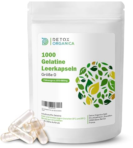 Detox Organica Leerkapseln 0 Gelatine, 1000 Leere Kapseln zum Befüllen, Kapselhülle leer, Empty capsules, geschmacksneutral und transparent, Befüllbar per Hand oder mit einem Kapselfüller