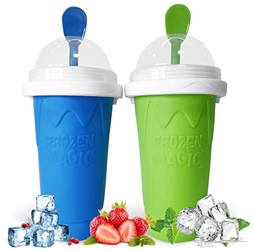 2 Stück Slushie Maker Cup, Magic Quick Frozen Smoothies Becher Doppelschicht Squeeze Cup Homemade Milk Shake Eis Cream Maker Kühlbecher DIY für Familie (Blau + Grün)