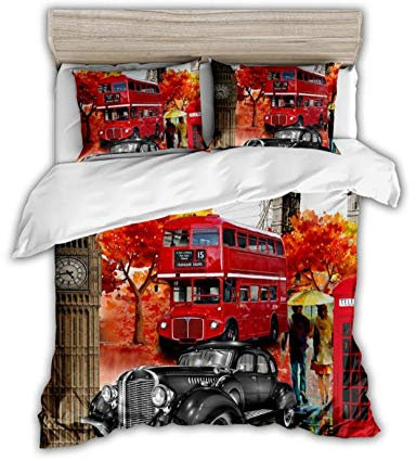 MEKVF Bettwaren & Bettwäsche Doppelbett/155x220cm Roter Bus Schwarzes Auto Mikrofaser 3D Bedrucktes Bettwäsche-Set Kopfkissenbezug Bettbezug Reißverschluss Schließung Mit 2 Kissenbezüge
