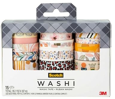 Scotch Washi Tape, Bright Colors, Assorted Patterns, 15 Rolls/Pack (C1017-15-P5)