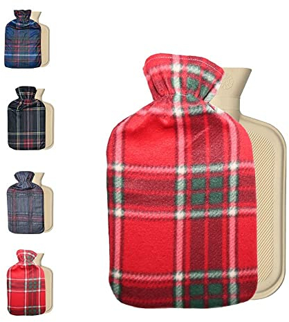 Ram® 2L Litre Large Hot Water Bottle with Soft Fleece Cover Tartan Red