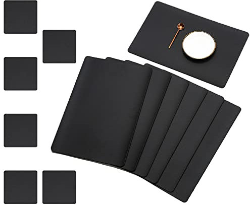 BECHEN Plastic Placemats and Coasters,Non Slip Washable Placemats for Dining Table Wipe Clean Table Mats Set of 6 (Black)