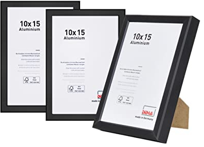 DEHA Design Bilderrahmen, 10 x 15 cm (3er Set), Aluminium, Schwarz matt, Fotorahmen zum Auftstellen im Hoch- & Querformat, bruchsicheres Kunstglas, Boston