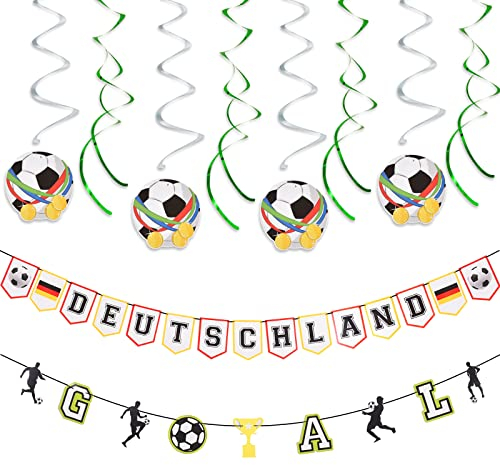 AhfuLife Fußball Geburtstag Party Deko Set für 2025 Damen Fußball EM - 1 Stück Deutschland Flaggenkette, 1 Stück EM Deko Girlande Banner und 8 Stück Fußball Hängende Wirbel für WM Olympische PartyDeko