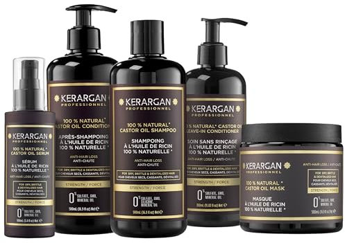 Kerargan - Ensemble Anti-Chute Shampoing, Après-shampoing, Masque, Sérum & Leave-In à l’Huile de Ricin pour Cheveux Abîmés - Soin Intensif Croissance - Sans Sulfate, Silicone - 3x500ml+100ml+350ml