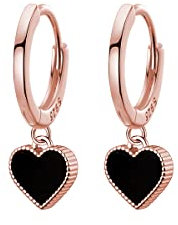 SLUYNZ 925 Sterling Silver Black Heart Hoop Earrings for Women Teen Hoop Earrings Heart Drop (C-Rose Gold Plated)