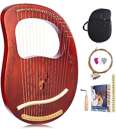 VixxNoxx Lyre Harp, 16 Metal Strings Mahogany Lyra Harp Stringed Musical Instruments with Tuning Wrench, Spare String Set, Manual Book