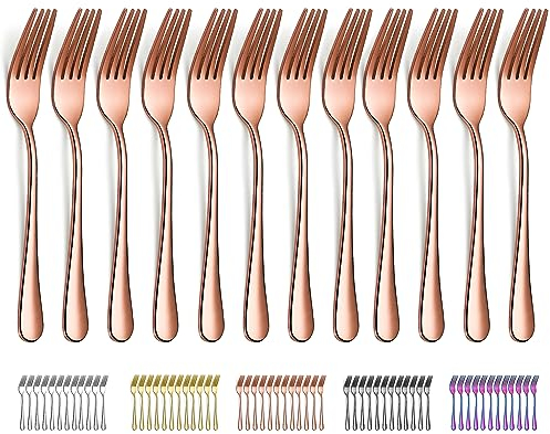 Evanda Roségold Gabeln 12 Stück 20.5cm, Titainium Rosévergoldung Edelstahl Tafelgabeln, Essgabel, Kuchengabeln, Besteck Gabeln, Spiegelpoliert, Spülmaschinenfest, Geeignet für Haushalte, Restaurants