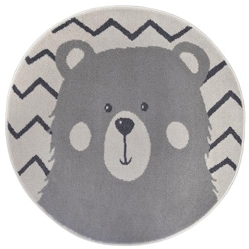 Hanse Home Adventures Kinderteppich Rund - Bären Muster, Tier Bär Muster Teppich Junge Mädchen für Kinderzimmer, Spielzimmer, Jugendzimmer, Wohnzimmer - Creme Grau, 140cm