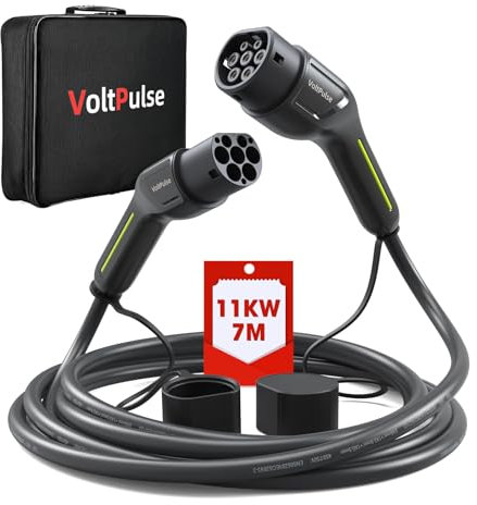 VoltPulse Tipo 2 Cable de Carga de Coche eléctrico, 11kW 16A Trifásico 7M EV/Tipo 2 a Tipo 2 Plug-in de vehículos eléctricos e híbridos con Bolsa de Transporte, Compatible con el Modelo 3 Zoe e-Tron