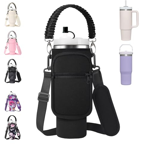 30 oz Stanley Cup Carrier Bag with Paracord Handle, Neoprene Insulated Travel Tumbler Sleeve w/ 2 Pockets & Straw Cover Cap, Stainless Steel Mug Holder Pouch for Stanley Cup Accessories-Black