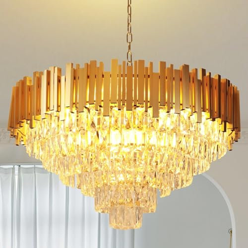 Depuley 31’’ Modern Vierkantrohr kronleuchter gold, deckenleuchte kristall, 6-Tier kronleuchter vintage,15*E14 für Esszimmer, Schlafzimmer, Wohnzimmer und Korridor (Inklusive E14 Glühbirne)