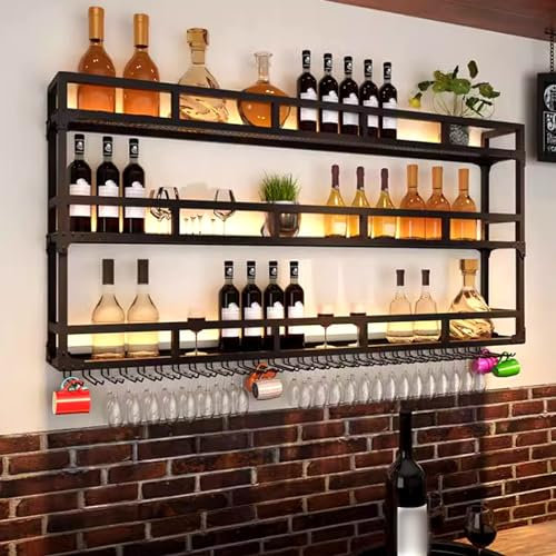 Bouteille Muraux Métalique Étagère À Vin Étagères,Porte-Bouteilles Muraux Industriels Avec Porte-Verre,Porte Bouteille Muraux Industriels Casier À Vin,Pour Cuisine, Salle À Manger, Bar ( Color : Nero