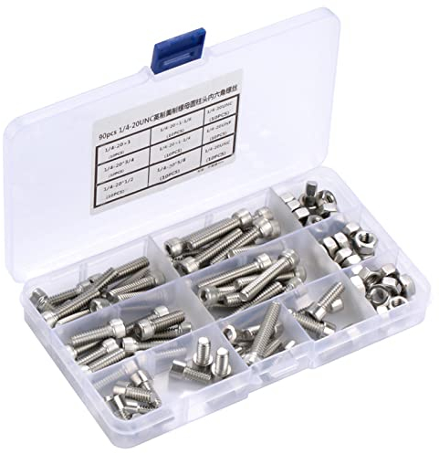 Changor 90pcs/set Cap Head Screws, 1/4-20 UNC Bolt Stainless Steel Bolts Screws Set Hex Screws Nuts Assortment Kit for DIY