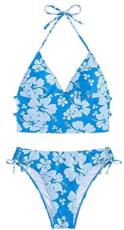 BüGel Bikini Hot Pants Bedruckter, hoch taillierter Damen-Badeanzug mit Schnürung Bikini Mit Rock Bikini Brazilian (Blue, S)