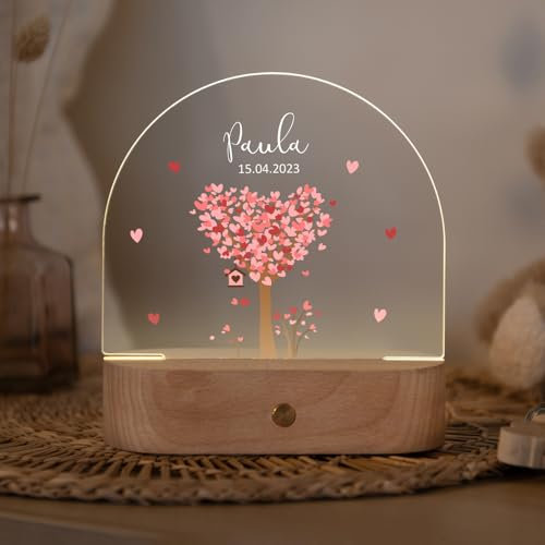 LILUNA – Personalisiertes Nachtlicht Mädchen dimmbar, kabellos, aufladbar - individuelle Nachtlampe Babys - Geschenk zur Geburt & Taufe (Baum Herzen)