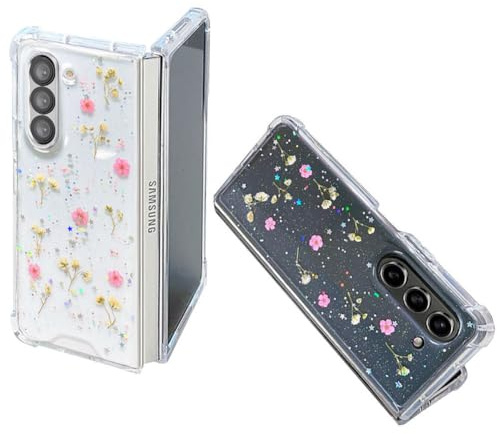 Abbery Coque de protection pour Samsung Galaxy Z FOLD 6 - Paillettes transparentes - Motif avec de véritables fleurs séchées - Anti-rayures - Pour femme et fille - Résistante aux chocs (rose
