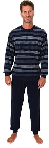 Normann Herren Frottee Pyjama mit Bündchen in Streifen Look - auch in Übergröße, Farbe:Navy, Größe:60-62