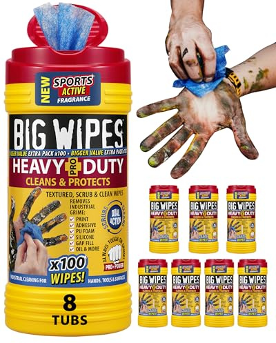 Big Wipes Heavy Duty Pro+ Hand Wipes, 8 Tubs x800 | Textured Dual-Sided, For Paint, Grease, Oil, Industrial Cleaning For Tools & Surfaces