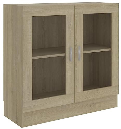 Hommdiy Vitrinenschrank Wohnzimmer,Glas Vitrine Hochglanz mit Glastüren Sonoma-Eiche 82,5x30,5x80 cm Holzwerkstoff