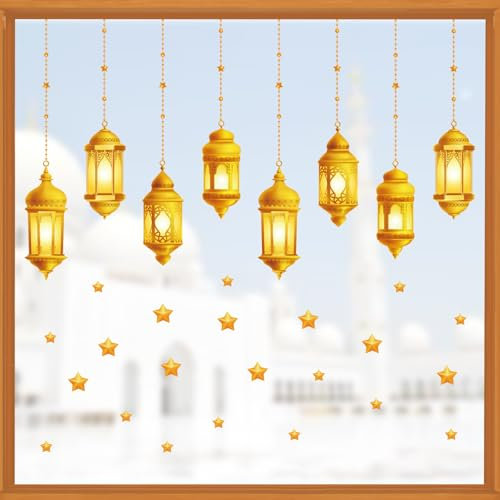 3 Blatt Ramadan Fensteraufkleber, Eid Mubarak Fensterbilder Doppelseitig Sternen Fensterdeko Wiederverwendbar Fenstersticker Selbstklebend Fenster Aufkleber Deko für Islam Muslim Party Glas