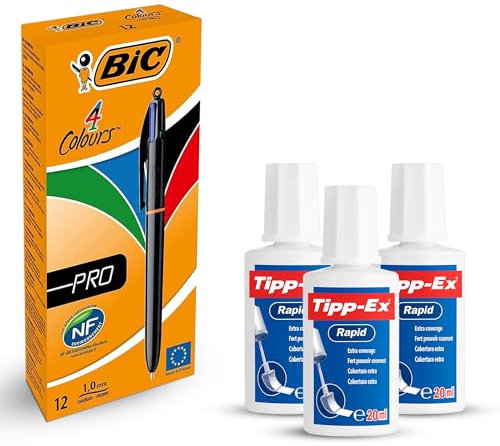BIC 4 Colours Pro Ballpoint Pens Pack of 12 with Blue, Black, Red, Green Ink & Tipp-Ex Rapid Correction Fluid Pack of 3 with 20ml Fast-Drying Brush Applicator for Writing and Corrections