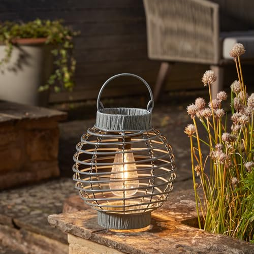 Solar Powered Terra Lantern – 5 Lumen Weatherproof Rattan Design Outdoor Garden Standing or Hanging LED Light Decoration for Tabletop, Fence, Wall, Patio, Decking, Pathway – H23 x 22cm, Slate
