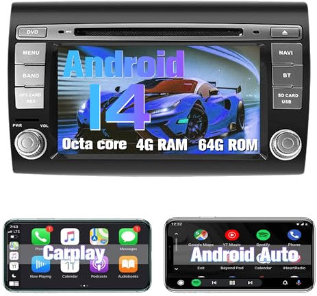 Android Radio de Coche para Fiat Bravo 2007-2014 Radio estéreo con Pantalla Android GPS Wireless Carplay, Android Auto,Navegación, Bluetooth,WiFi,Radio FM/Am [4G RAM+64G ROM], Reproductor DVD