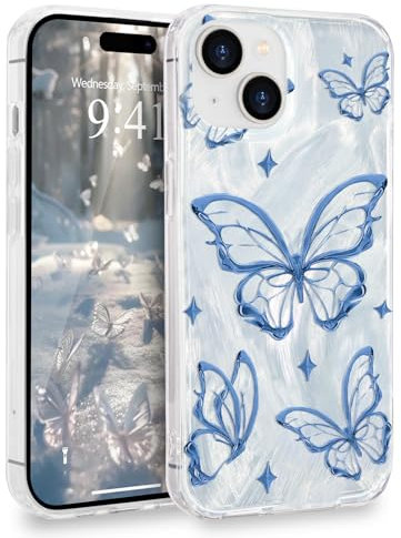 L-FADNUT Kompatibel mit iPhone 15 Hülle Glänzende Schmetterling Mädchen Handyhülle Glitzer Frauen Stoßfeste Schutzhülle Weiche TPU Silikon Bumper Case für iPhone 15, Hohl Blau