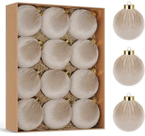Miaikoe Christmas Tree Ornaments Velvet Balls, 12 PCS Plastic Shatterproof Xmas Hanging Balls for Christmas Decoration Winter Holiday Decor 8 CM Beige