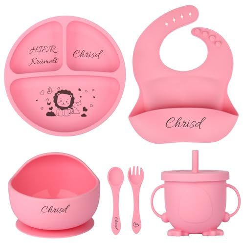 Personalisiertes Silikon Geschirrset mit Tiermotiven Namen, Baby Geschenk Junge Personalisiert, Baby Teller mit Saugnapf, Lätzchen, Schüssel, Beikost Löffel, Kindergabel, Trinkbecher (Classic colors)