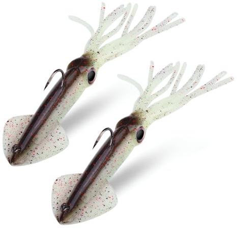 2PCS Fishing Squid Lures Kit,Saltwater Pre-Rigged Soft Bait Fishing Lures Glow in the Dark 36g/14cm Octopus Artificial Squid Jig with Strong Hook 3D Eyes Sinking Lure for Offshore and Deep Sea