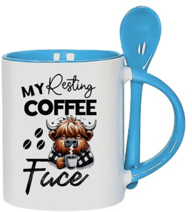 My Resting Coffee FACE Mug - Highland Cow Lover Gift - 11oz Inside Colour with Spoon Ceramic Coffee-Tea Mug. (Blue)