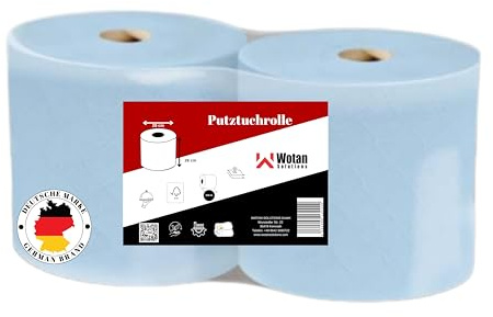 Wotan Premium Putztuchrolle Blau 2-lagig 2er Pack – 1000 Blatt Werkstattpapier FSC-zertifiziert – Saugstarke Industrierolle 4,28kg für KFZ, Werkstatt & Gastronomie
