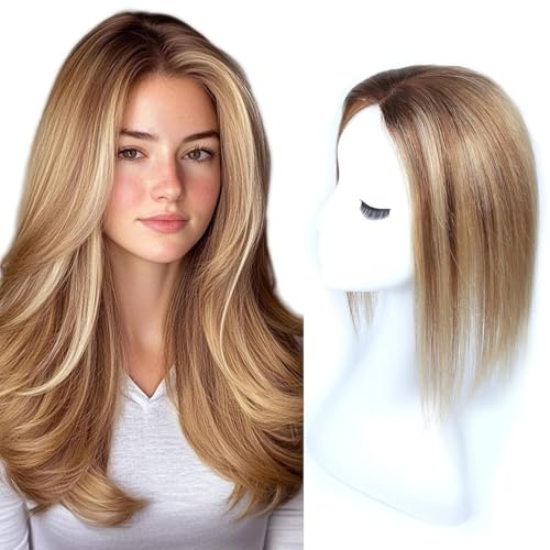 Haarteile für Frauen aus Echthaar 360° 3D Topper für schüttere Kronen Unsichtbare handgeknotete Schweizer Spitzenbasis Perücke ohne Pony Natürlicher Haaransatz 30CM Braun Ombre mit Blond