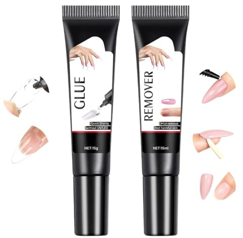 Gel Nail Glue & Nail Glue Remover Kit - Semi Solid Strong Nail Glue/Gel, For Press On & False Nails, Long Lasting & Quick Drying No Need UV Lamp - Easy Fasle Acrylic Nails Remover