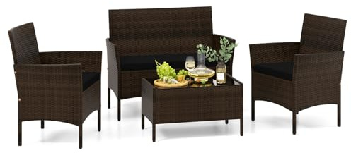 COSTWAY Rattan Gartenmöbel Set, Outdoor Lounge Möbel, Balkonmöbel Kleiner Balkon, Sitzgruppe mit 2 Sessel, Bank, Tisch & Sitzkissen, Sitzgarnitur, Terrassenmöbel, Gartengarnitur für Terrasse (Schwarz)