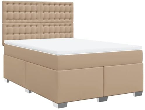 Mhdvray Boxspringbett 140x190 Cappuccino Kunstleder, Matratze & Auflage inkl., höhenverstellbares Kopfteil, mittelfeste Taschenfederkernmatratze, gästebett tagesbett komplett