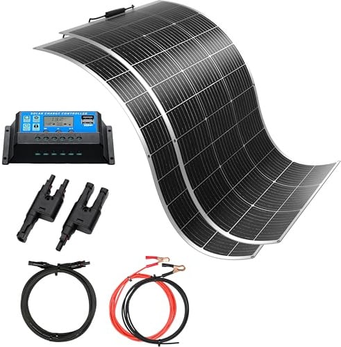XINPUGUANG Kit panneau solaire flexible 240W 12V pour camping-car, bateau et surfaces irrégulières : 2 panneaux solaires 120W + régulateur 30A 12V + câble solaire + câble + branchement