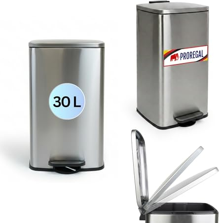 PROREGAL Mülleimer Küche Bad 30L, Abfalleimer mit Softclose & Stay-Open Deckel, Fußpedal & Inneneimer | Stahl, Silber | rechteckiger Treteimer mit Inneneimer, Tretmülleimer 30 Liter