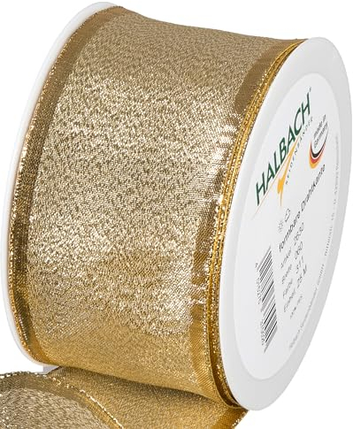 Halbach Seidenbänder Geschenkband Gold - made in Germany - mit formbaren Drahtkanten | 60mm x 25m | Edles goldenes Band für Hochzeit oder Weihnachten